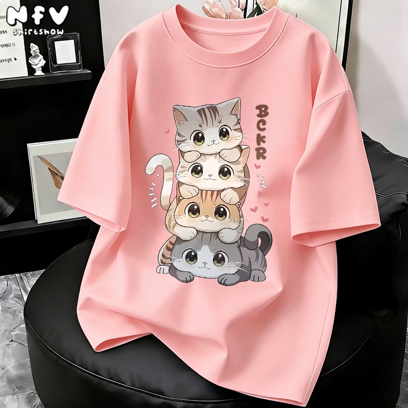 NFV สไตล์เกาหลี เสื้อยืด oversize ลายพิมพ์แมวน่ารัก ใส่สบาย ระบายอากาศ ผ้าฝ้ายแท้ ฤดูร้อน YG470