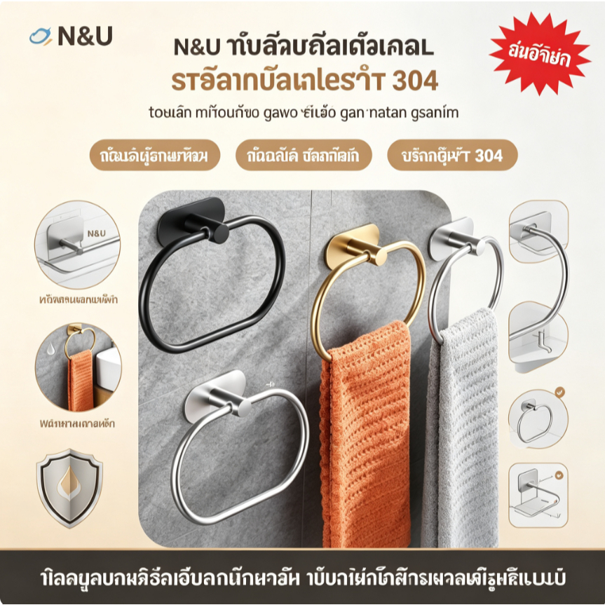 N&U ที่แขวนผ้าเช็ดตัวสแตนเลส 304 ติดผนัง ไม่ต้องเจาะรู กาวเหนียวพิเศษ กันน้ำ กันสนิม สำหรับห้องน้ำ