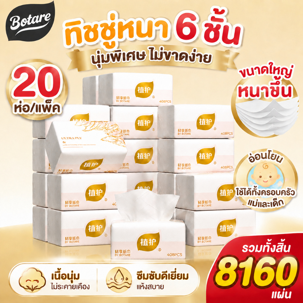 【6 ชั้นหนาขึ้น】Botare กระดาษทิชชู่เช็ดหน้า ยกลัง 20ห่อ หนา6ชั้น ขนาด130*175มม รวม8160แผ่น เยื่อไม้บริสุทธิ์ นุ่มซึมน้ำ ไม่เป็นขุย