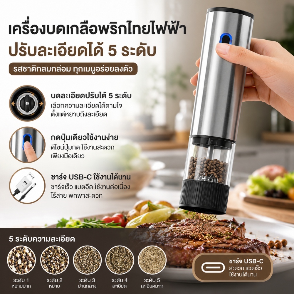 สต็อกพร้อมในกรุงเทพ เครื่องบดไฟฟ้า เครื่องบดพริกไทยไฟฟ้า ปรับความหยาบไ วัสดุเกรดอาหาร ชาร์จไฟได้ ขวดบดเกลือ
