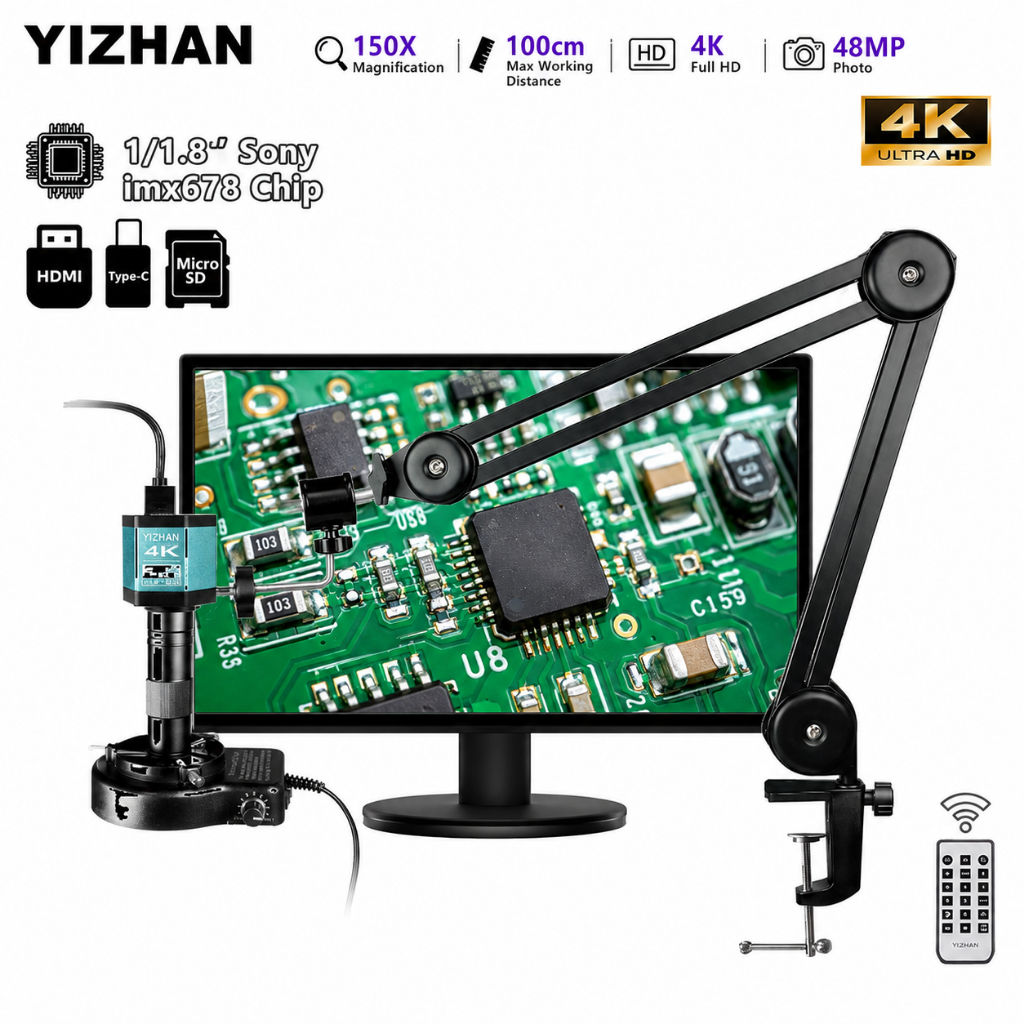 YIZHAN กล้องจุลทรรศน์อิเล็กทรอนิกส์วิดีโอ กล้อง 150 เท่า ความสูงการทำงานสูงสุด 100 ซม. กล้องจุลทรรศน์อุตสาหกรรม สำหรับการตรวจสอบและซ่อมแซม PCB การบัดกรี และการประเมินค่า