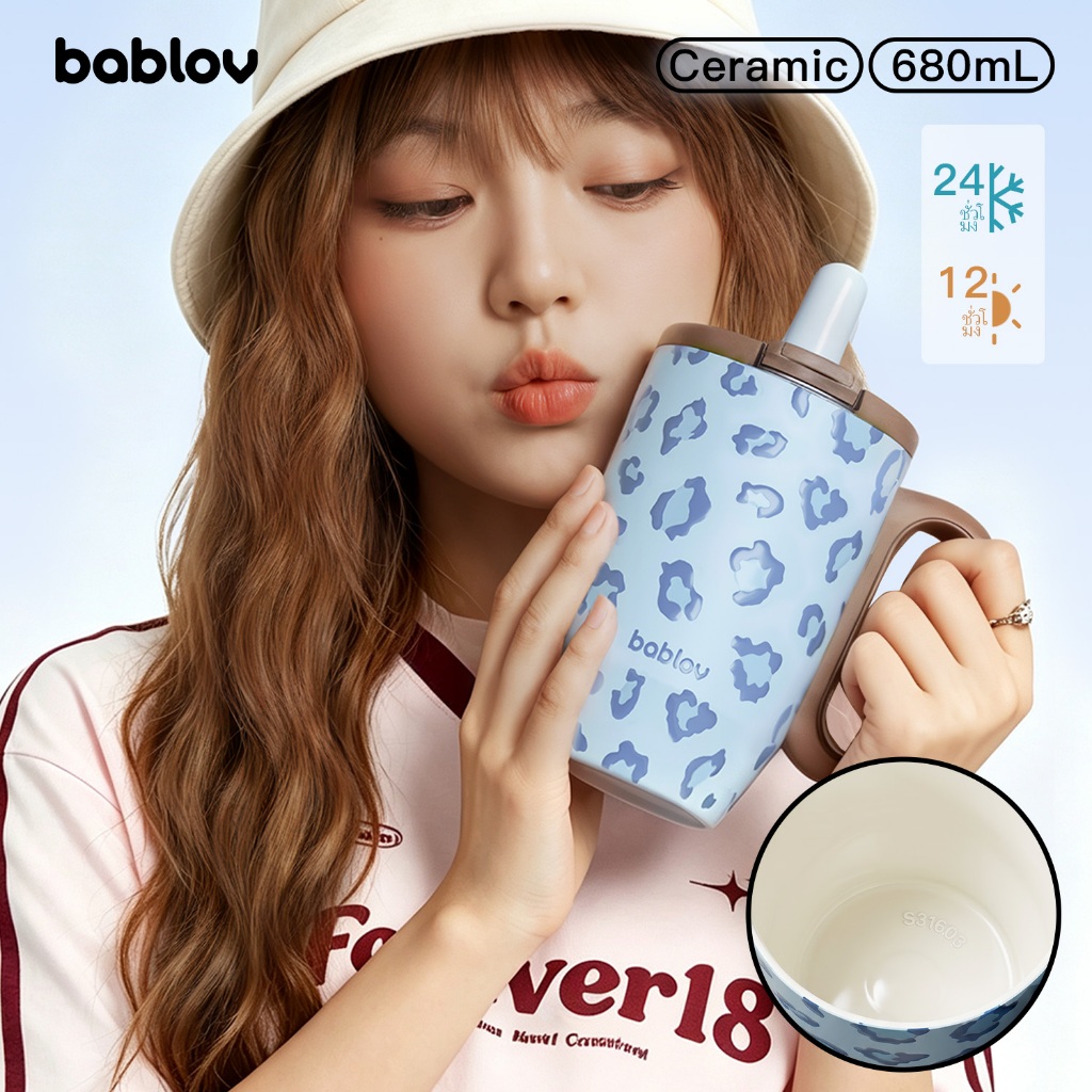[ COD ] BABLOV Lucky แก้วเซรามิก 2 ชั้น, กระติกน้ำเก็บความร้อน 680ml , เก็บความเย็นได้ 24 ชั่วโมง, Dual-Drink Car Cup พร้อมแผ่นรองกันลื่นสำหรับวางบนโต๊ะ, ป้องกันการรั่วซึม, เหมาะสำหรับผู้หญิงและการใช้งานในออฟฟิศ, ใช้ได้กับชา กาแฟ และมัตฉะ