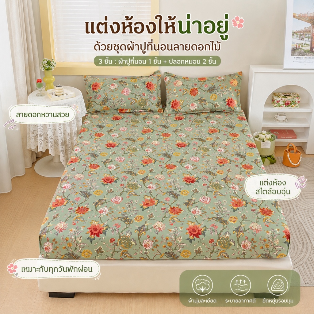 ผ้าปูที่นอนลายดอกไม้ ผ้าปูที่นอนผ้าฝ้าย 100% พร้อมผ้าคลุมที่นอนยางพารา ผ้าปู 3 ฟุต 3.5 ฟุต 5 6 ฟุต