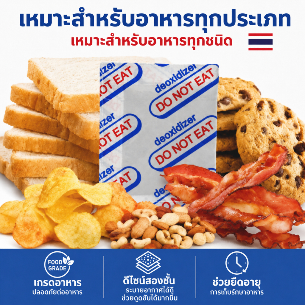Oxygen Absorber 80CC ซองดูดออกซิเจน สำหรับเก็บข้าวและอาหารแห้ง ช่วยถนอมอาหาร ลดออกซิเดชัน เหมาะสำหรับข้าว เบเกอรี่ ขนม ถั่ว กาแฟ 50/100/200/400 ซอง