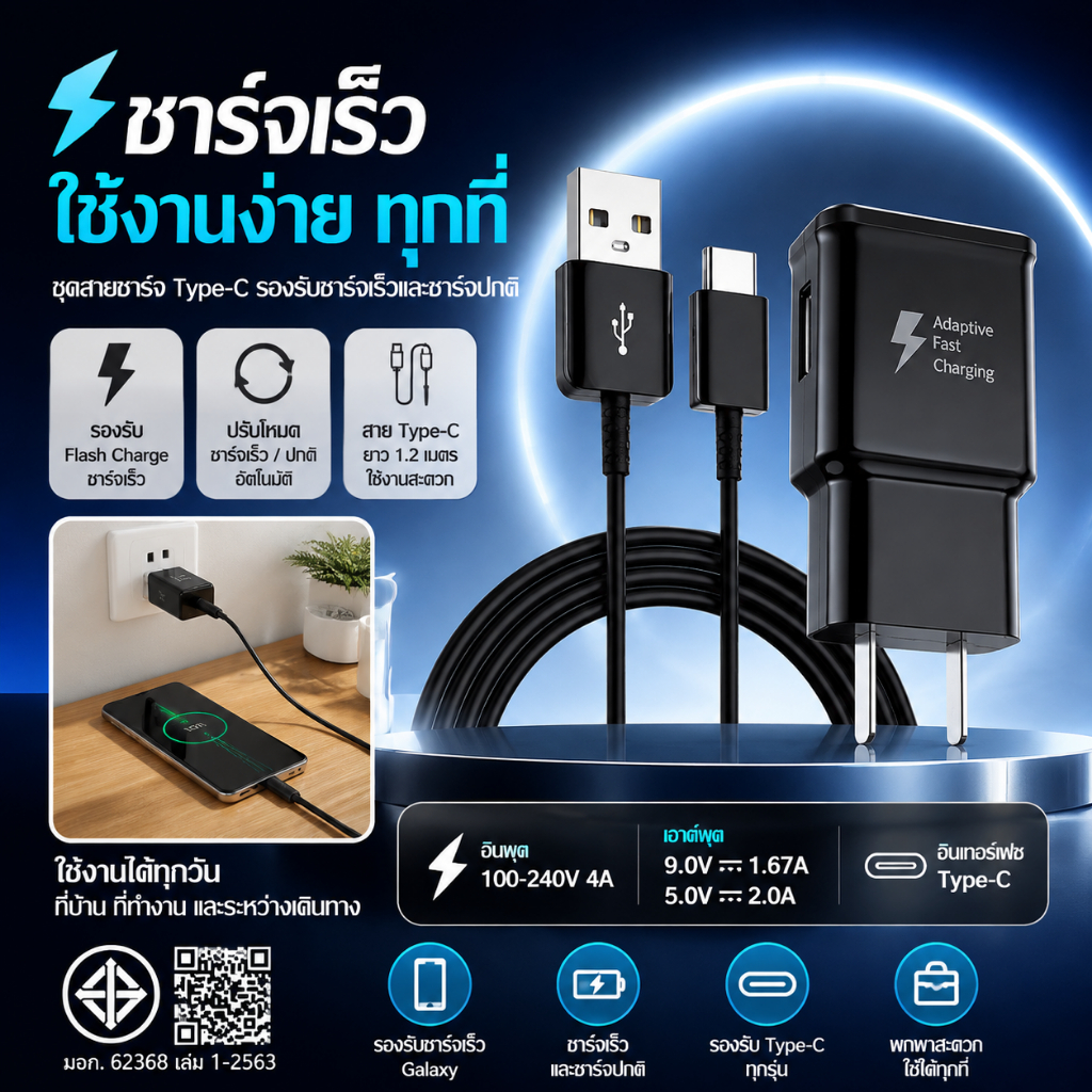 ชุดสายชาร์จเร็ว Type-C EP-TA2000 ชุดหัวชาร์จ 9.0V 1.67A 5.0V 2.0A รองรับ Flash Charge ใช้กับสมาร์ทโฟ
