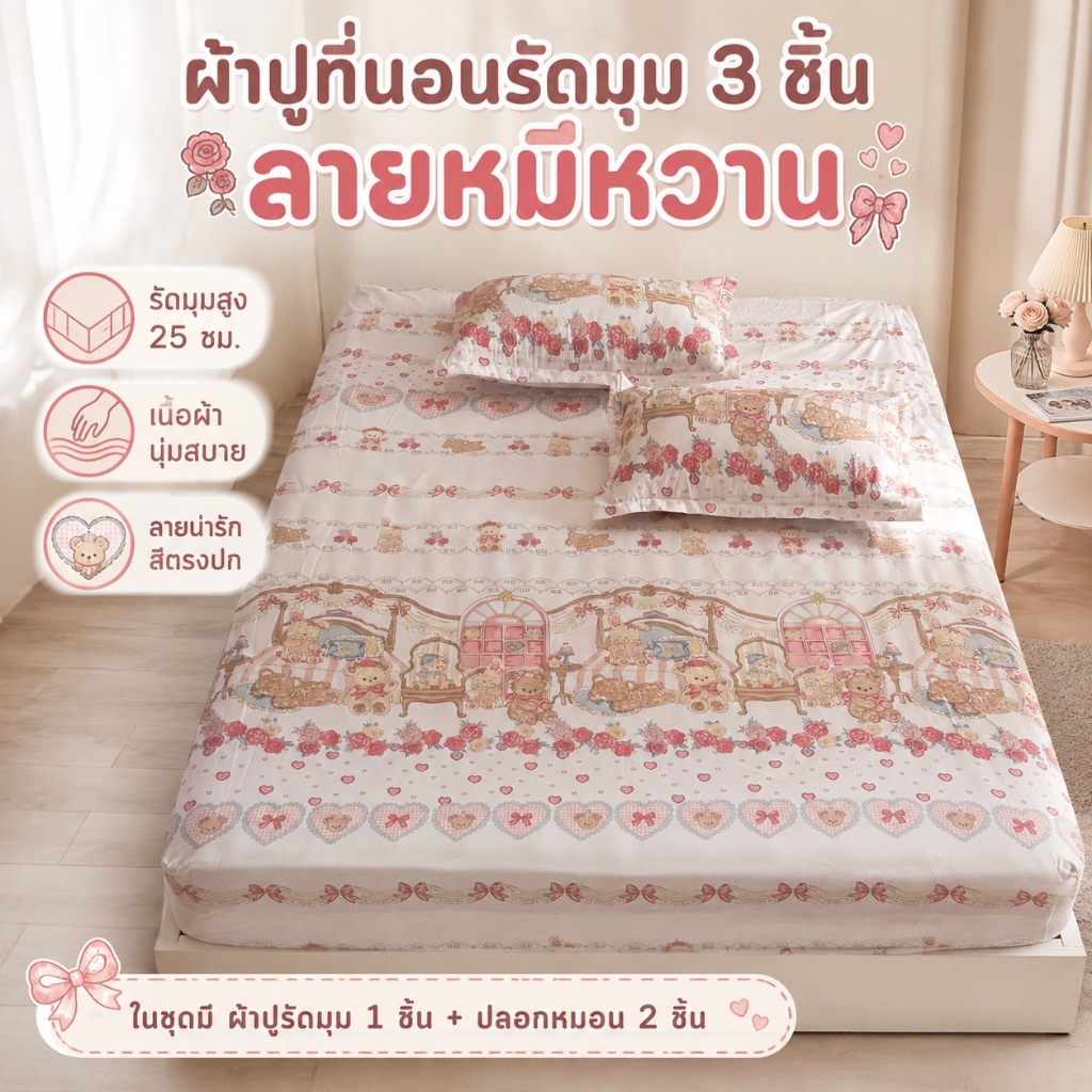 พร้อมสต็อก หมีน่ารัก ชุดผ้าปูที่นอน 3/3.5 ฟุต 5 ฟุต 6 ฟุต 3 ชิ้น + ปลอกหมอน 2 ใบ