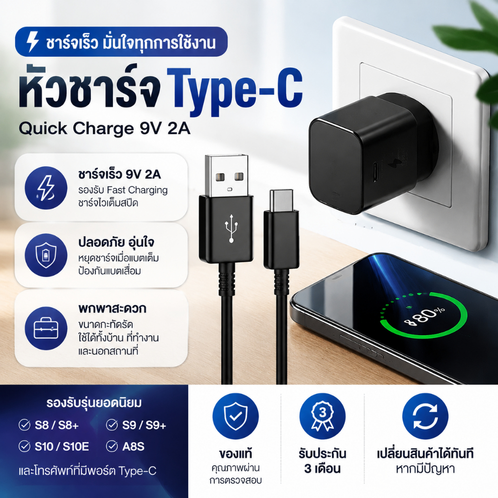 หัวชาร์จ Type C Adapter ชาร์จเร็ว Quick Charge 9V 2A รองรับ Fast Charging รุ่น S8 S8+ S9 S9+ S10 S10
