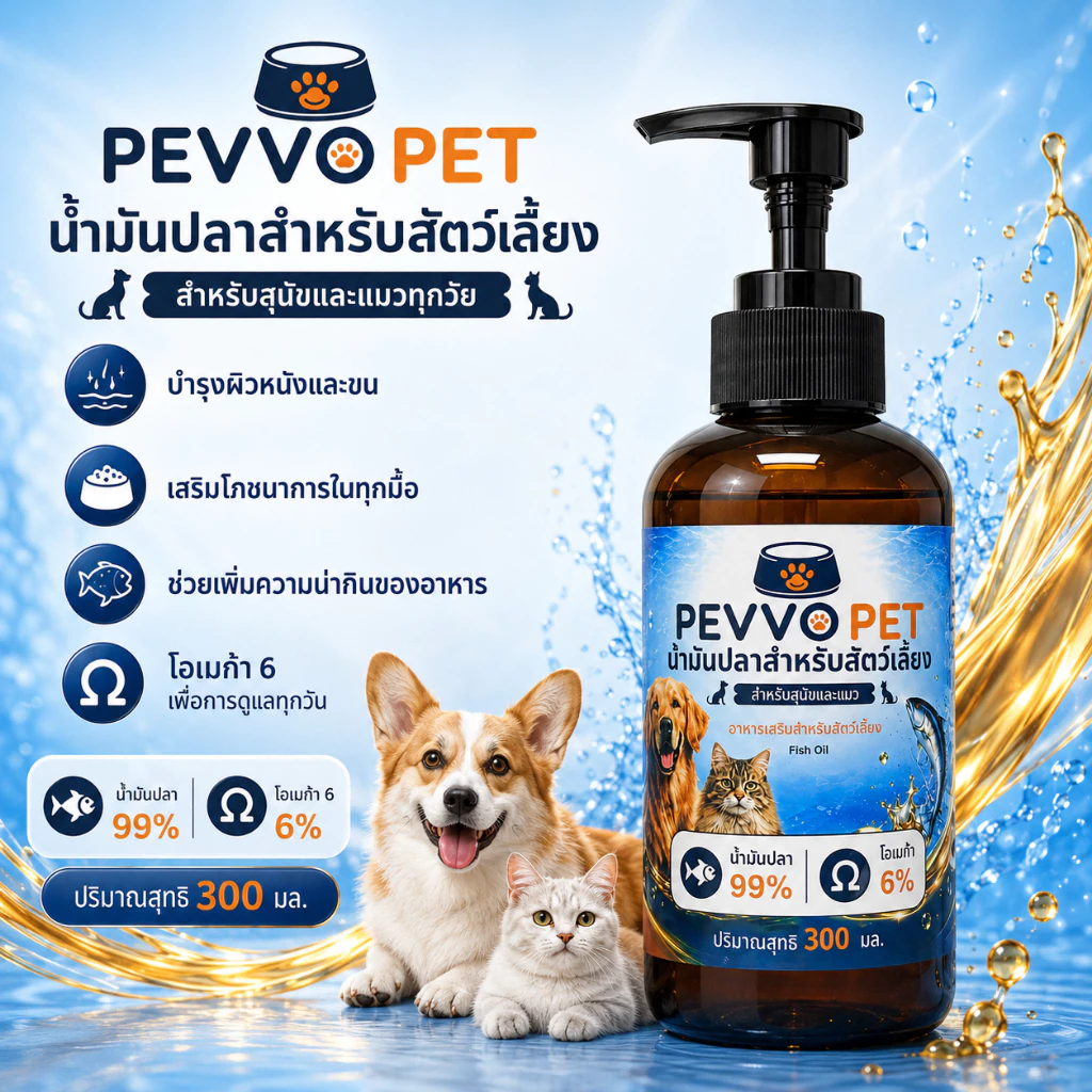 【🔥ราคาพิเศษสินค้าใหม่】PEVVO PET น้ำมันปลาแซลมอน 99% สำหรับสุนัขและแมว บำรุงขนผิวหนัง ลดขนร่วง ผิวแห้งคัน เสริมโภชนาการทุกมื้อ Omega-6 วิตามินอี 300ml พร้อมปั๊ม