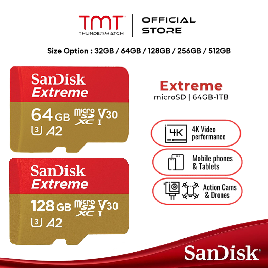 SANDISK EXTREME Micro SD Card 128GB 64GB 32GB SDXC A2 U3 190/90mb/s* (SDSQXAH) Memory for gopro