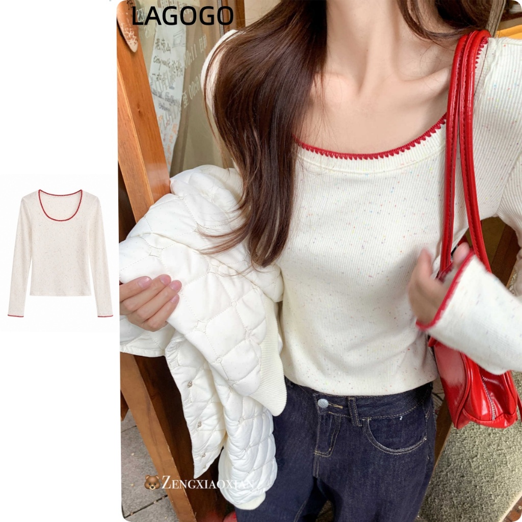 เสื้อยืดแขนยาวสตรี ลายจุด สไตล์เกาหลี พอดีตัว เหมาะสำหรับวัยแค้มปัส