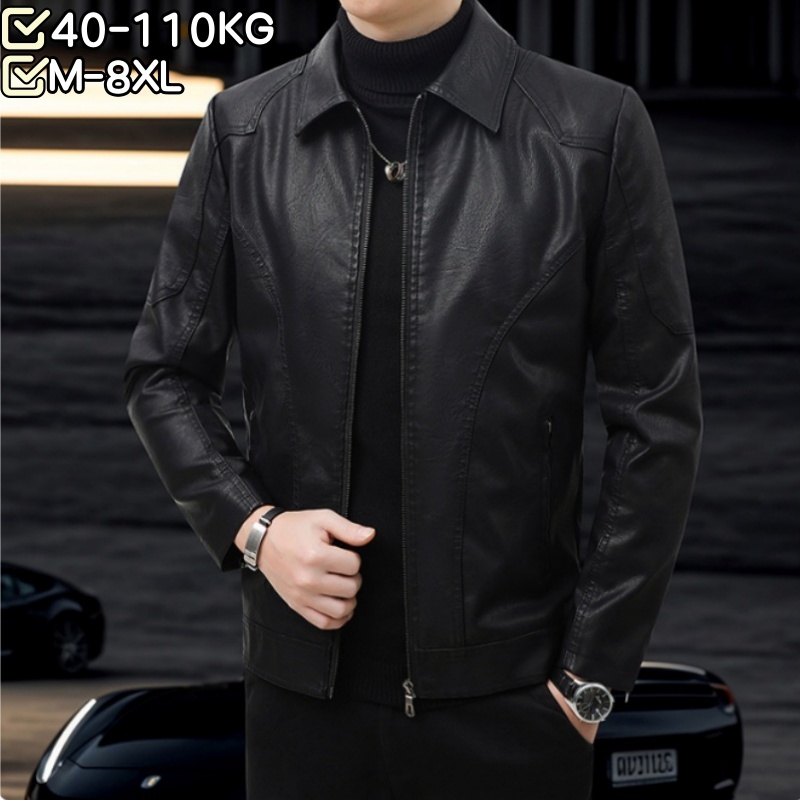 [สวมใส่ 40---110กิโลกรัม] ม-8เอ็กแอล ผู้ชายขนาดบวกแข่งหนังแจ็คเก็ตหนายืนปกอบอุ่น กันลม กันน้ําสบายๆอินเทรนด์แจ็คเก็ตหนังฤดูใบไม้ร่วงฤดูหนาวเสื้