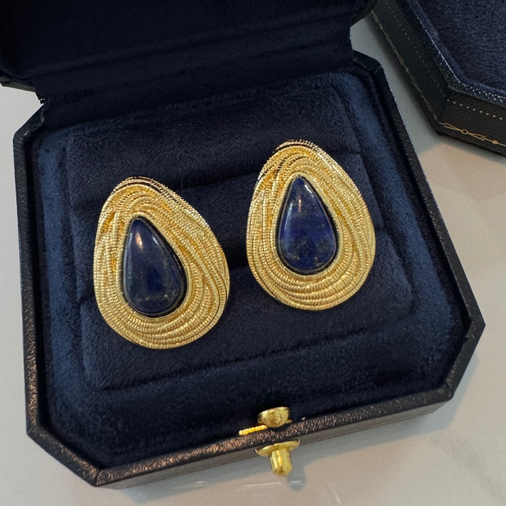 Vintage 925 Silver Needle Imitation Lapis Lazuli Water Drop Earrings Gold Plated Woven Texture Golde