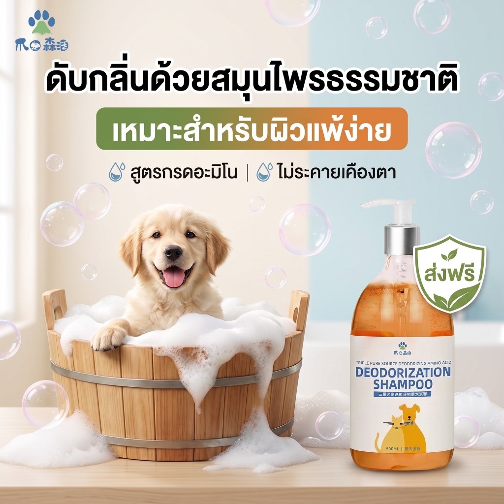 แชมพูอาบน้ำหมาแมว บำรุงขนนุ่มลื่น ดับกลิ่นสาบ กำจัดเห็บหมัดไร แก้คัน หอมติดทนนานระดับสปา ธรรมชาติ อ่อนโยน ปลอดภัย 500ml
