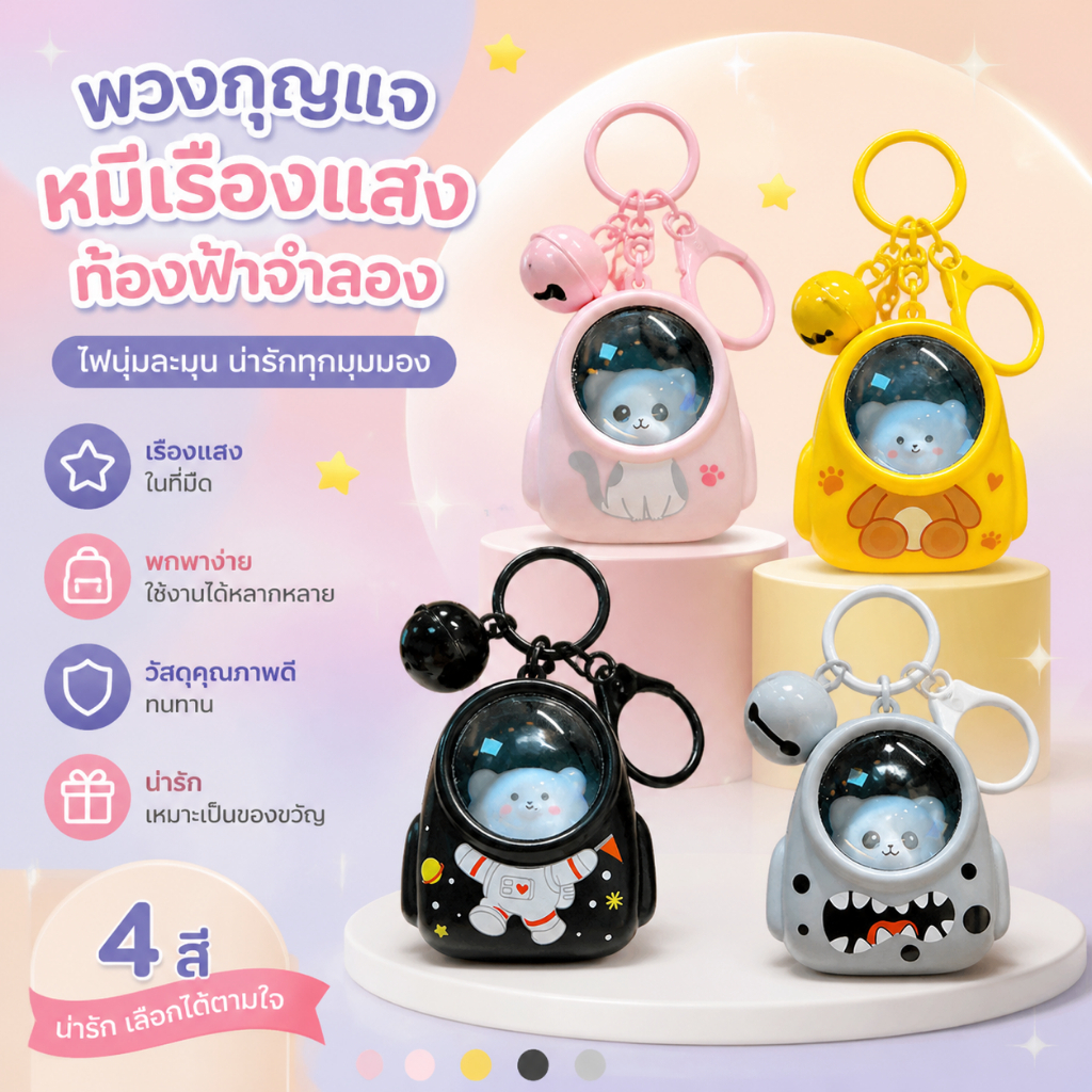[ส่งไวจากไทย] พวงกุญแจหมีสตาร์รี่เรืองแสง ไฟกลางคืนขนาดเล็ก จี้ตุ๊กตาน่ารัก สำหรับกระเป๋าเป้สะพายหลัง กุญแจรถ กระเป๋า เครื่องประดับ