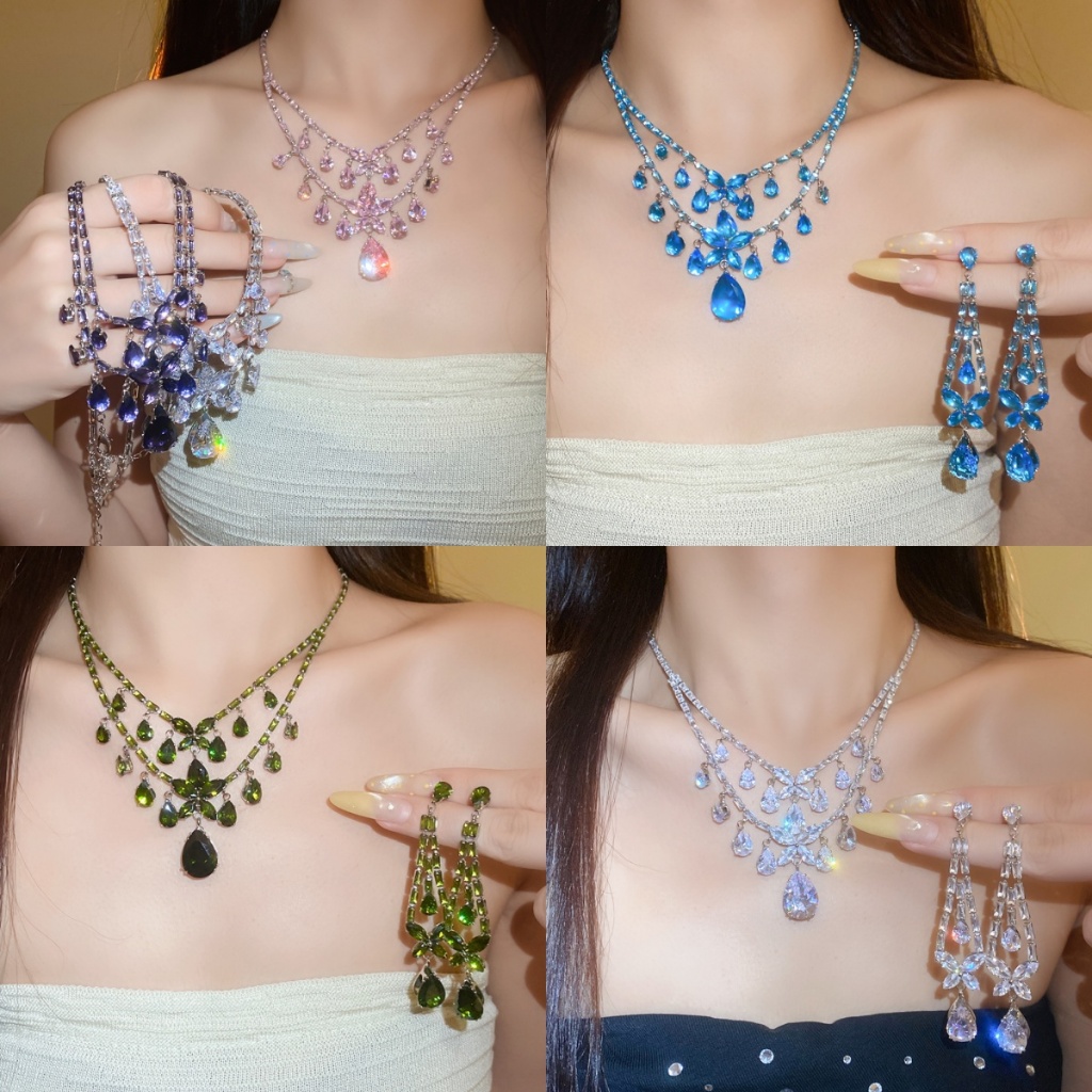 สร้อยคอชุดต่างหู Multi-Color Sparkle Inlay Water-Drop พู่ Dangle Glamour Full-Stone Matching Design สําหรับผู้หญิงงานแต่งงานจัดเลี้ยงปาร์ตี้อาชีพสวมใส่