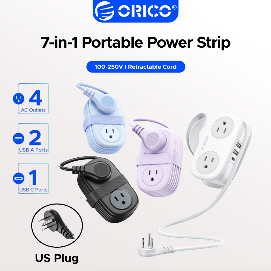 ORICO รางปลั๊กไฟเดินทางแบบพกพา 7-in-1 | 4AC Outlet +2USB-A+1PD20W Type-C สายห่อพับได้ US Plug สายไฟขยายขนาดกะทัดรัด