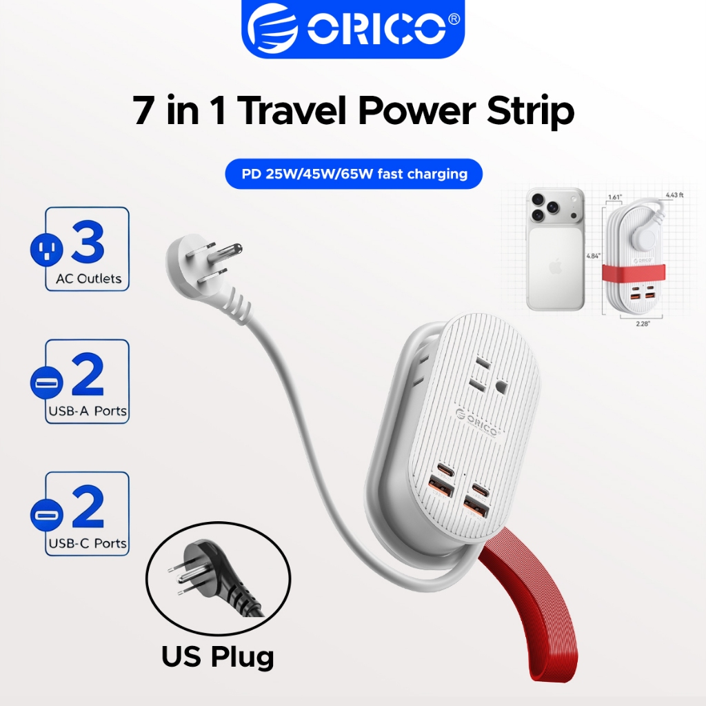 ORICO รางปลั๊กไฟสําหรับเดินทางแบบพับได้แบบพกพา | 3 US AC Outlet + 2USB-A + 2USB-C PD Fast Charger | 