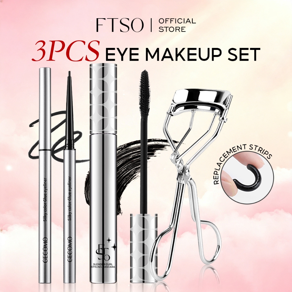 FTSO Complete Eye Makeup Combo มาสคาร่ากันน้ํากาวอายไลเนอร์ปากกาEyelash Curlerแต่งหน้าชุด