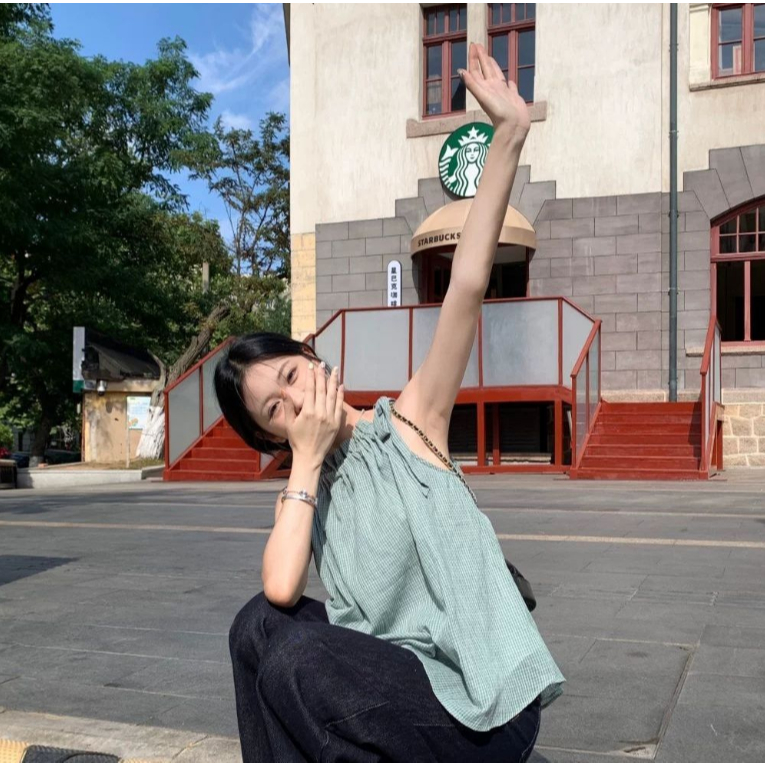 สไตล์เกาหลีลายสก๊อตสดเชือกแขวนคอคอสลิงสุภาพสตรีแฟชั่นด้านบนเชื้อราขอบ เชือกรูด ปกหลวมเสื้อกั๊กแขนกุดสบายๆสไตล์ขี้เกียจเสื้อขนาดเล