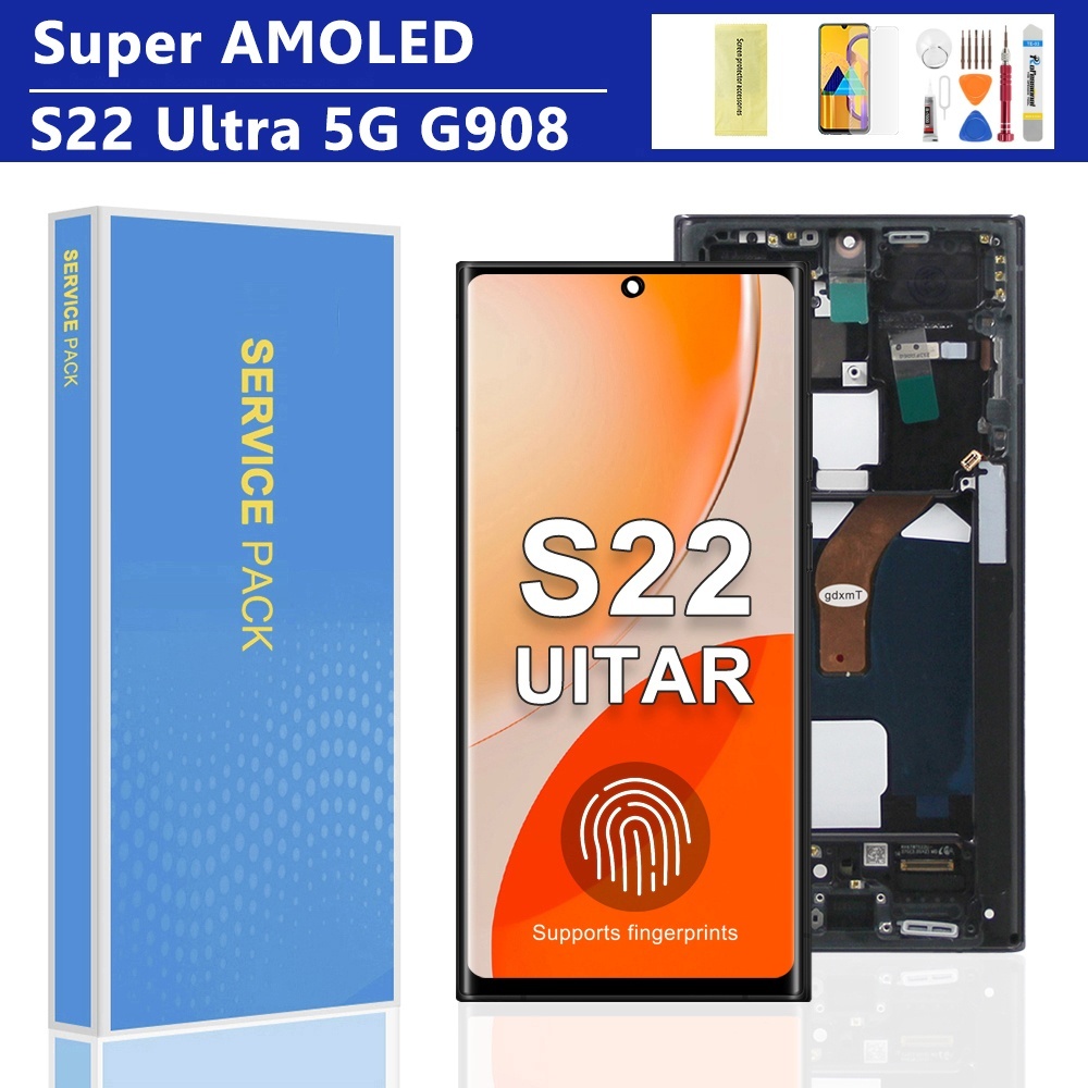 AMOLED สําหรับ Samsung Galaxy S22 Ultra 5G จอแสดงผล LCD หน้าจอสัมผัสพร้อมกรอบเปลี่ยน SM-S908B, SM-S9