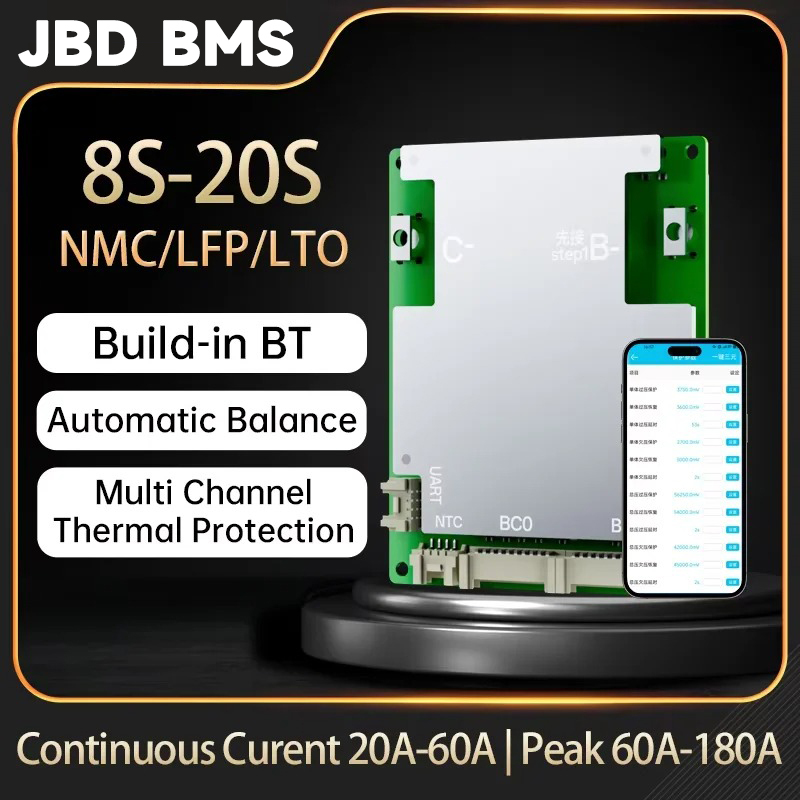JBD BMS 8S-20S สมาร์ท BMS 8S 24V 10S 36V 13S 16S 48V 40A 50A 60A LFP NCM ในตัว BT UART Balance