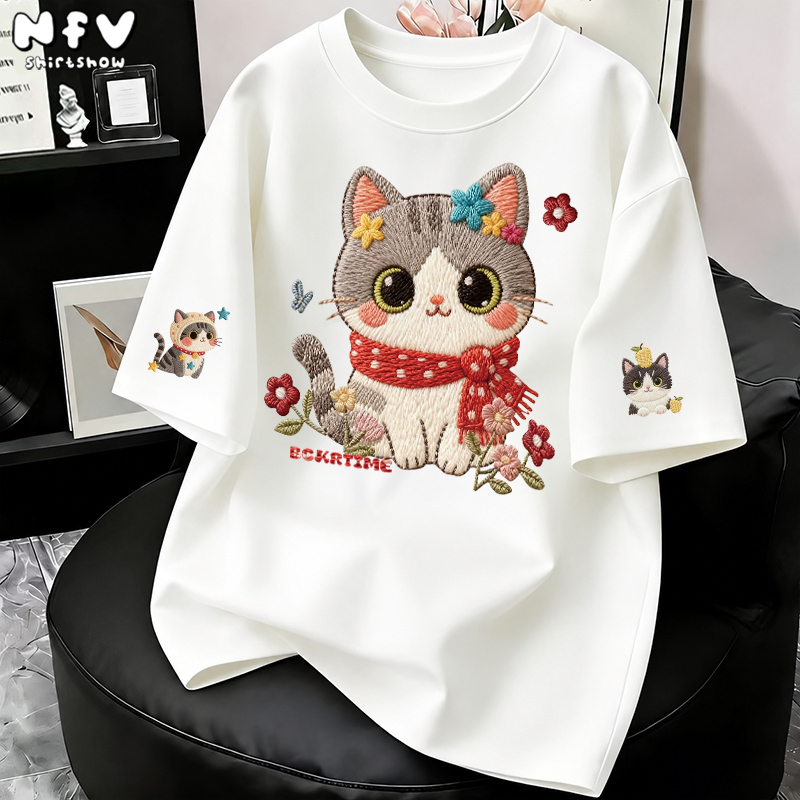 【จัดส่ง 24 ชม.】NFV เสื้อยืดลายลูกแมว ทรงหลวม ผ้าฝ้าย100% ใส่สบาย ระบายอากาศYG4769