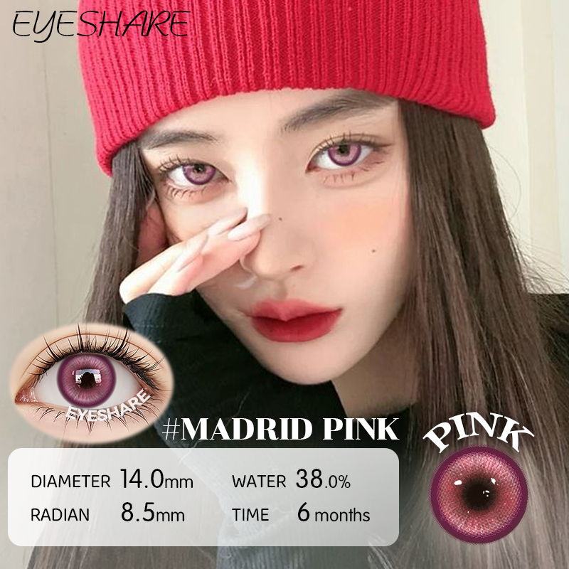 Eyeshare รุ่น MADRID สีชมพูคอนแทคเลนส์สี ราย 6 เดือน Dia14.5 ค่าสายตา 0.00 ปริมาณน้ำ38% 2ชิ้น 1คู่