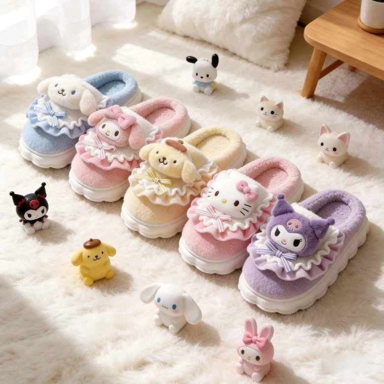 Hello Kitty รองเท้าแตะ ขนนุ่ม Fluffy พื้นหนา กันลื่น สบาย เบา ฤดูหนาว ผ้าฝ้าย รองเท้าบ้าน น่ารัก ส่งฟรี พร้อมส่ง