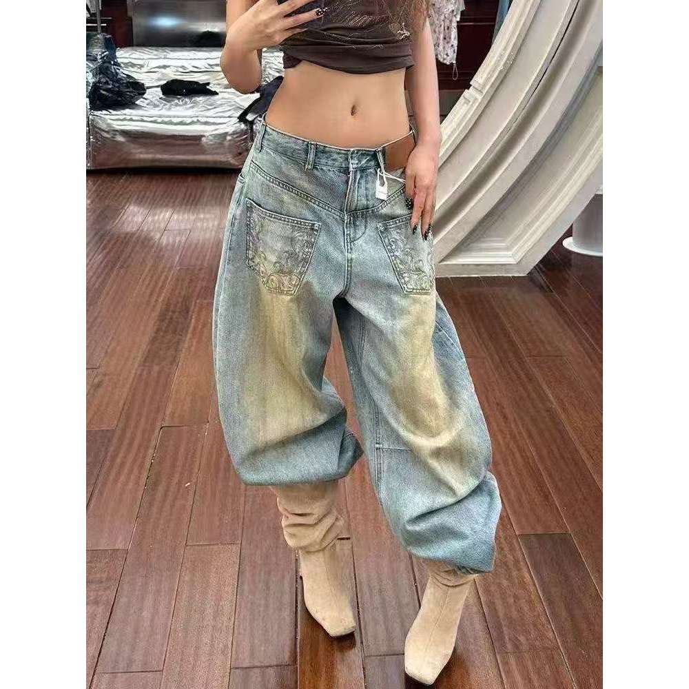 [ส่วนลด 50% ขายร้อน] American Retro Mud Dyed Blue Washed Jeans ผู้หญิงฤดูร้อนปัก Low-Waist Wide-Leg Mopping