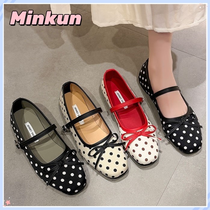 Minkun เกาหลี Mary Jane Flats ผู้หญิง Polka Dot Bowknot Soft Sole รองเท้า Retro Casual รองเท้าแบนสําหรับสุภาพสตรี