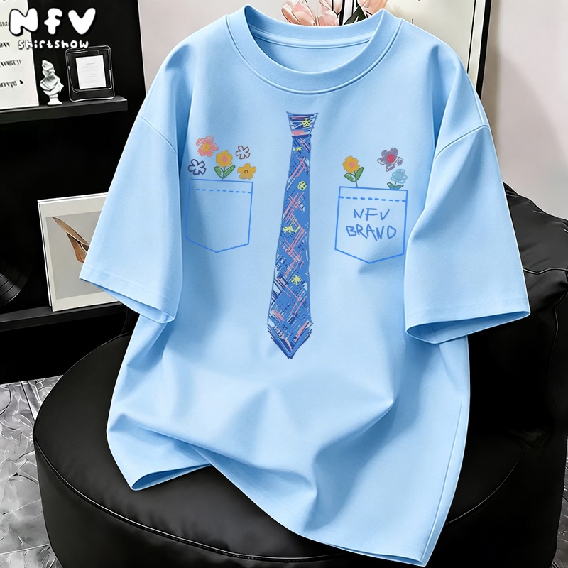 NFV เสื้อยืดแฟชั่นมาแรง ผ้าคอตตอน ลายเนกไทสีฟ้า เหมาะสำหรับสาวอวบ แขนสั้น โอเวอร์ไซซ์ เนื้อนุ่ม YG1349