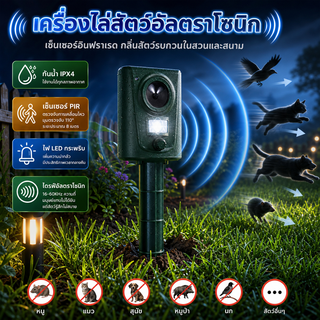 กลางแจ้ง Ultrasonic Cat สัตว์ Repeller อัลตราโซนิกกันน้ํา Gardens Fox หนูแฮมสเตอร์ Deterrent Scarer เครื่องไล่สัตว์ป่า อัลตราโซนิก เซนเซอร์อินฟราเรด กันน้ำ IPX4 ใช้ถ่าน AA สำหรับสวน สนามหญ้า ไล่หนู แมว สุนัข นก หมูป่า