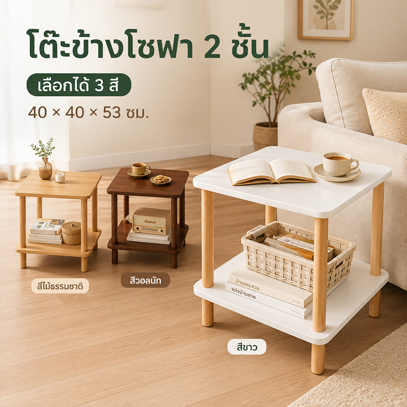โต๊ะห้องรับแขก 2 ชั้น โต๊ะข้างเตียง ไม้จริงแข็งแรงไม่โยก เก็บได้จุใจ ประกอบง่าย วางในที่แคบก็ได้