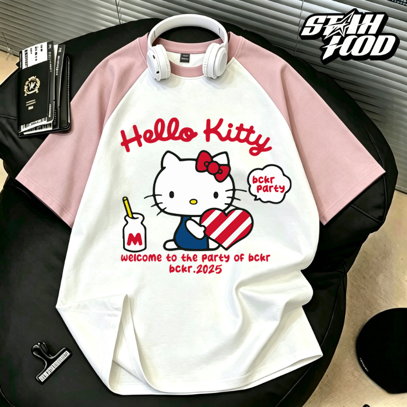 STAHOOD เสื้อยืดผู้หญิงสไตล์เกาหลีวินเทจ ผ้าฝ้าย 100% Hello Kitty หัวใจ ขวดนม ทรงหลวม ใส่สบาย #YG585