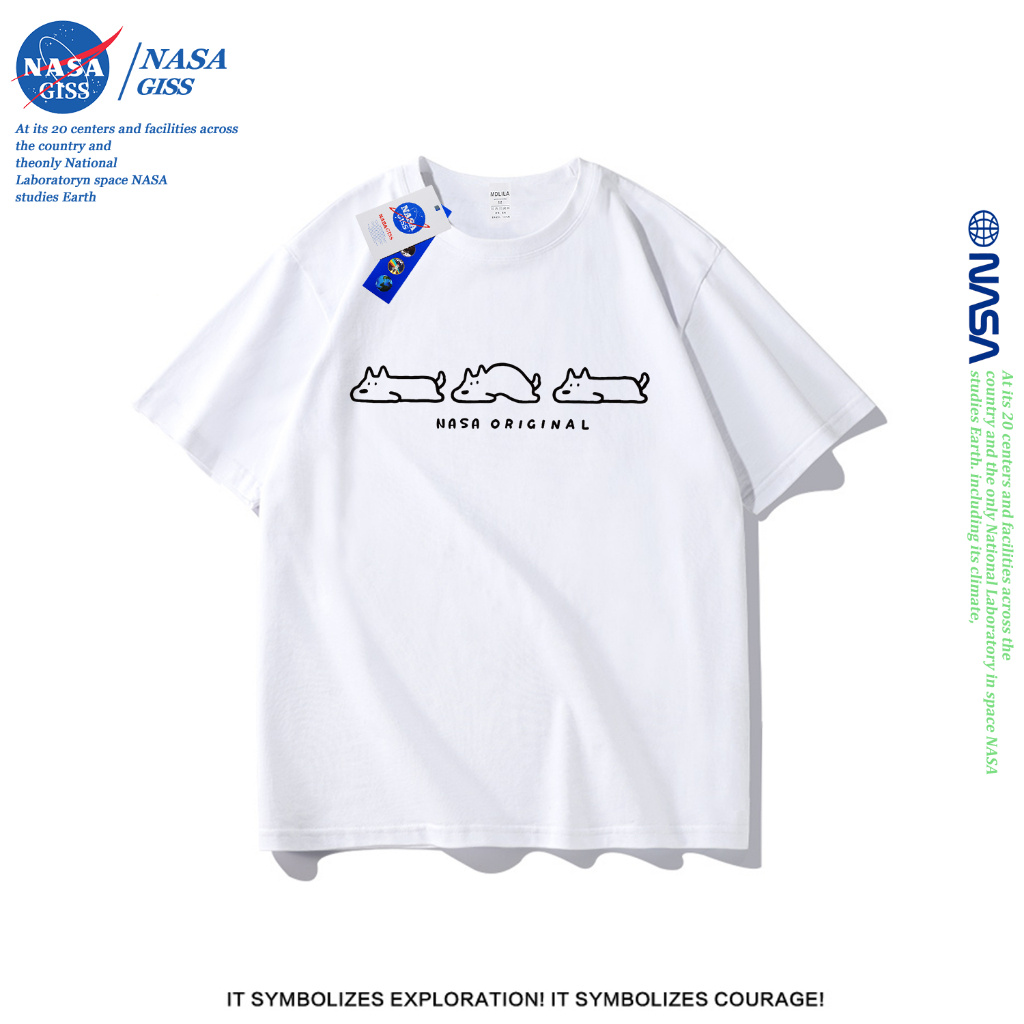 NASA เสื้อยืดชายหญิงแขนสั้น สไตล์ลำลอง summer ลูกสุนัขสามแถบ พิมพ์ลาย t-shirt แบบหลวม คอกลม ยับยากไม่ต้องรีด