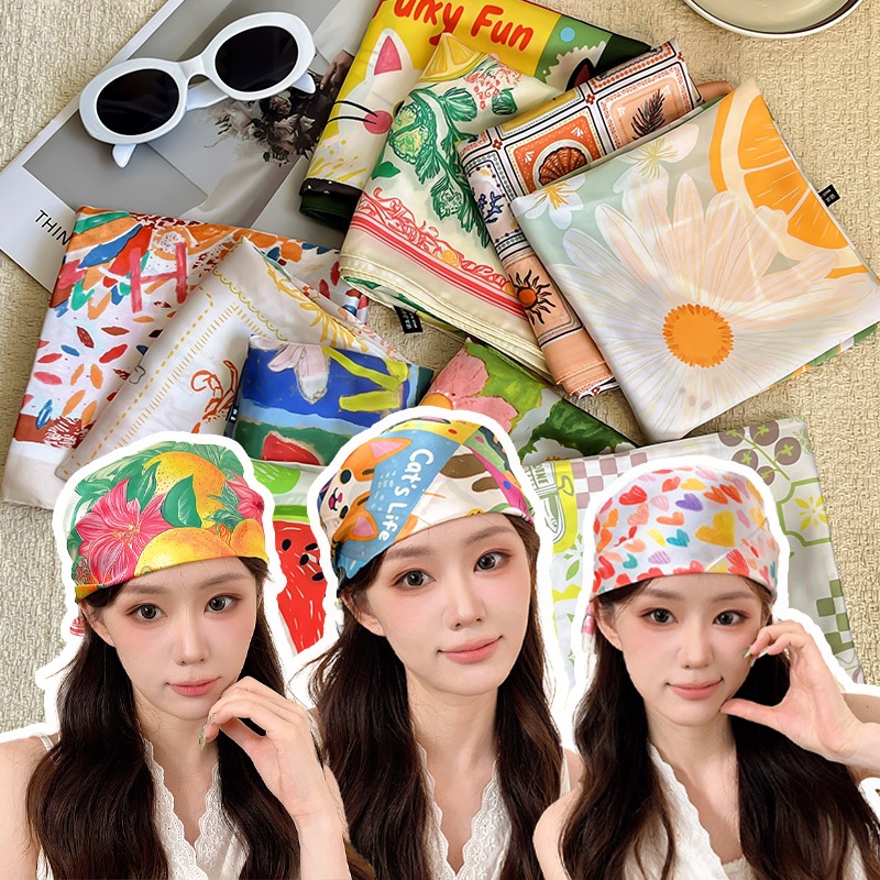 ผ้าพันคอ ขนาด 65*65 ซม ผ้าไหมเทียม สไตล์ย้อนยุค อเนกประสงค์ >
