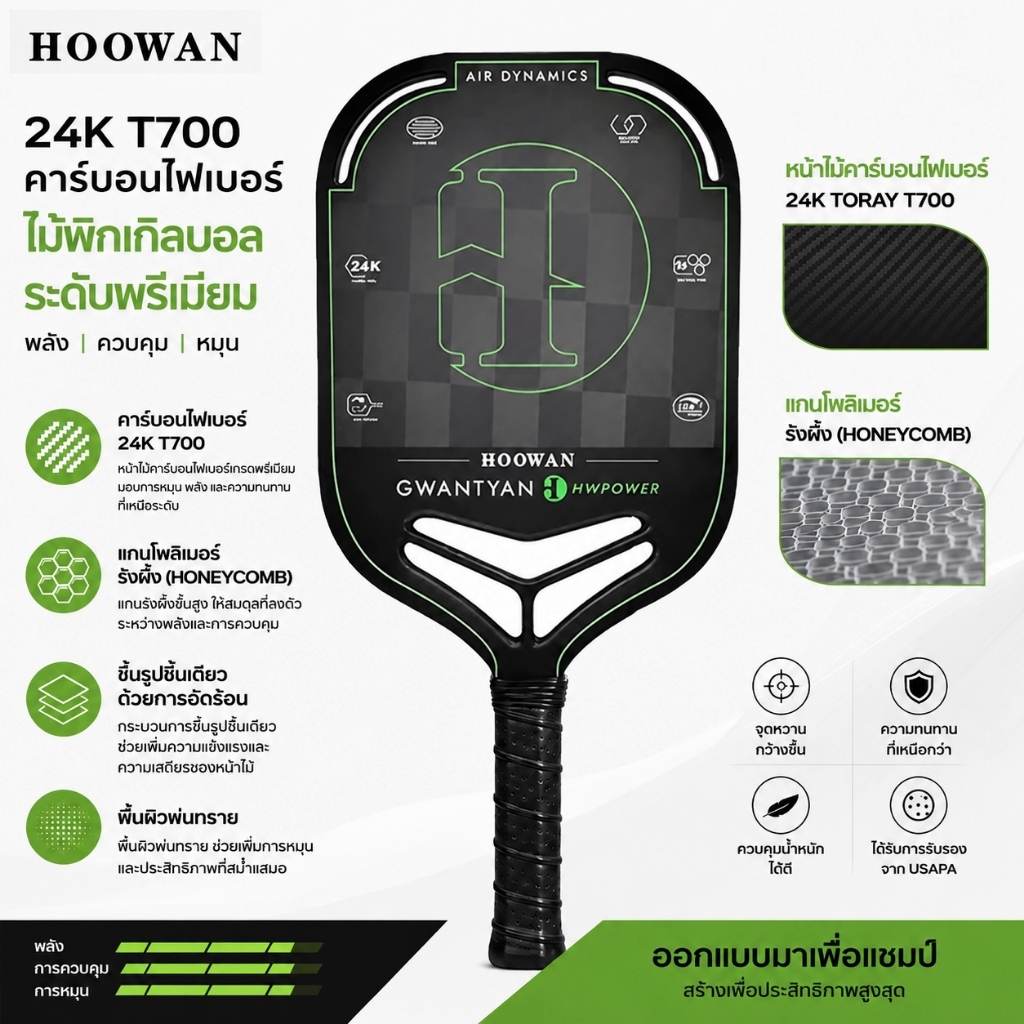 Howan Pickleball Paddle 16 มม.HWPOWER GWANTAYAN T700 24K คาร์บอนไฟเบอร์ Pickleball Racket Grit Surface Polymer Hexa-Core Pickleball Racket Paddle