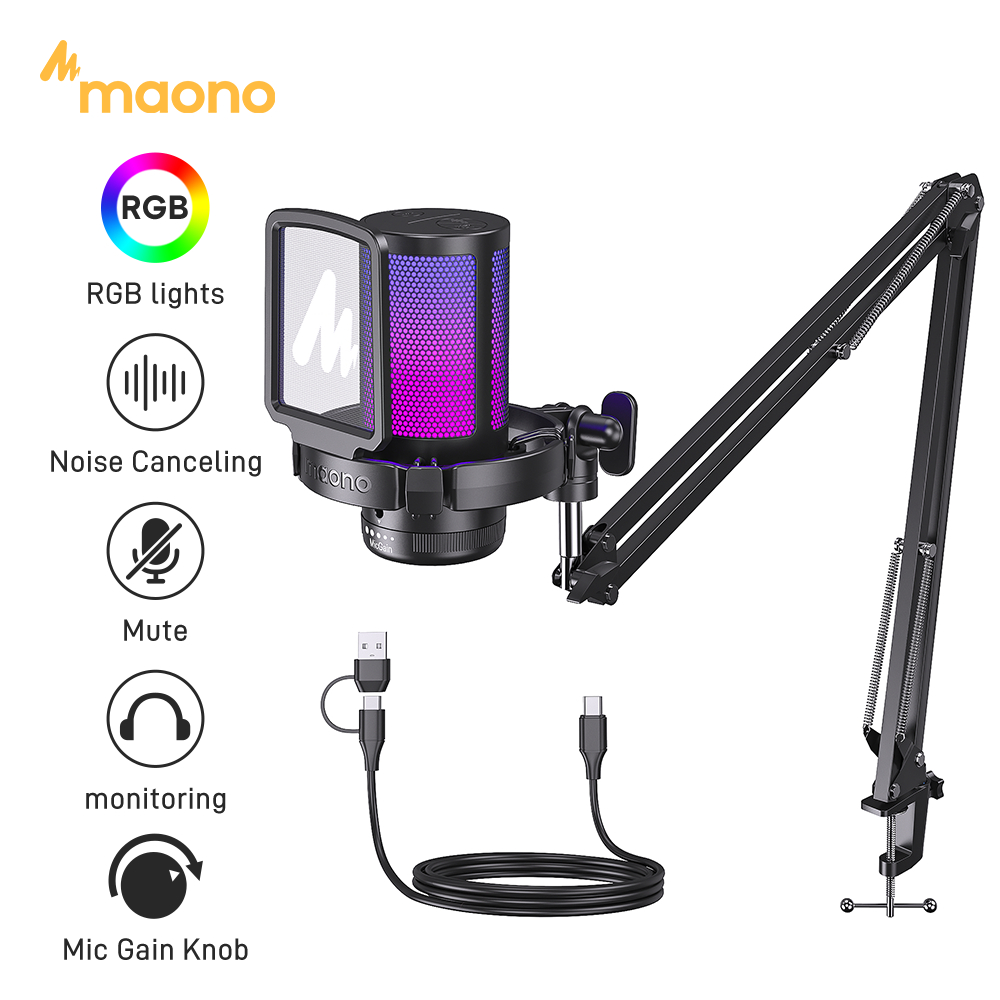 Maono DGM20S RGB USB ไมโครโฟนคอนเดนเซอร์ ตัดเสียงรบกวน พร้อมไมโครโฟน และไฟ RGB แจ็คหูฟัง 3.5 มม. สํา
