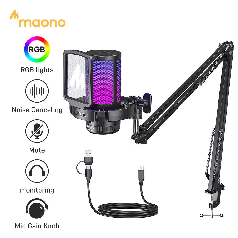 Maono DGM20S RGB USB ไมโครโฟนคอนเดนเซอร์ ตัดเสียงรบกวน พร้อมไมโครโฟน และไฟ RGB แจ็คหูฟัง 3.5 มม. สําหรับ PC สมาร์ทโฟน เล่นเกม สตรีมมิ่ง