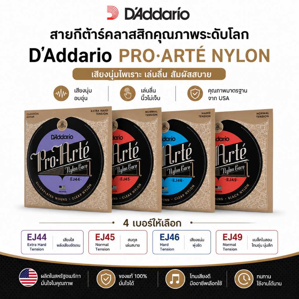[ของแท้ 100%] D'Addario PRO-ARTÉ NYLON CLASSICAL STRINGS สายกีตาร์คลาสสิค EJ Classical Guitar String