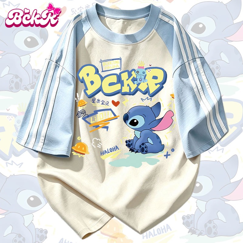 【จัดส่งตลอด 24 ชั่วโมง】 BCKR เสื้อยืดแฟชั่นหญิงสไตล์เกาหลี ลายสิ่งมีชีวิตต่างดาวสีน้ำเงินน่ารัก แขนสั้น YG309