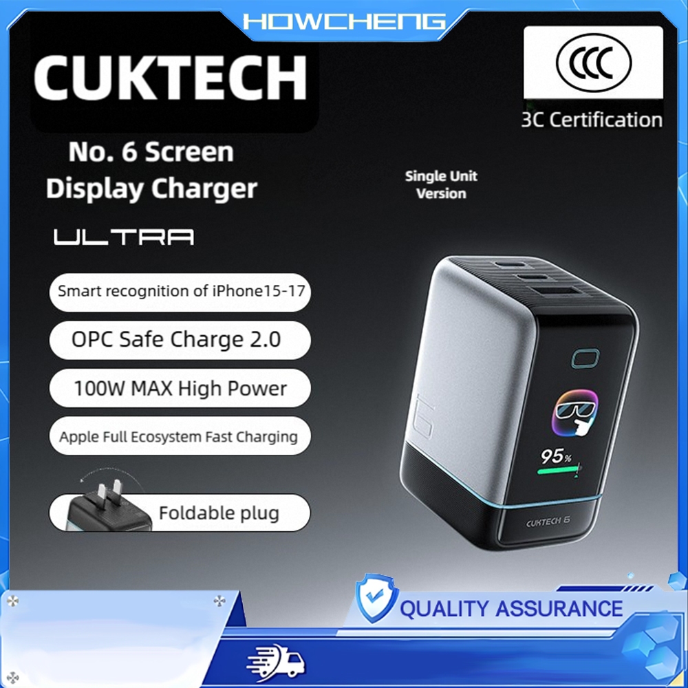 C-K  TECH 6 Ultra 100W GaN Charger 2C1A, จอแสดงผล TFT อัจฉริยะ, PD แบบพับได้สําหรับแล็ปท็อปและโทรศัพ