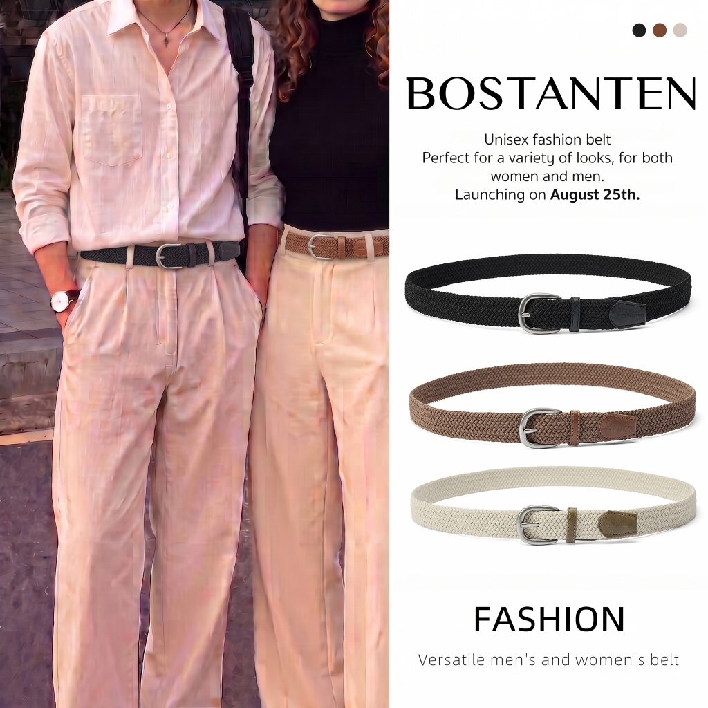 [8.25]BOSTANTEN Wove Unisex เข็มขัดถักยืดหยุ่น แบบไร้รู สำหรับผู้ชายและผู้หญิง ดีไซน์มินิมอล ปรับกระชับได้ พร้อมกล่องของขวัญ