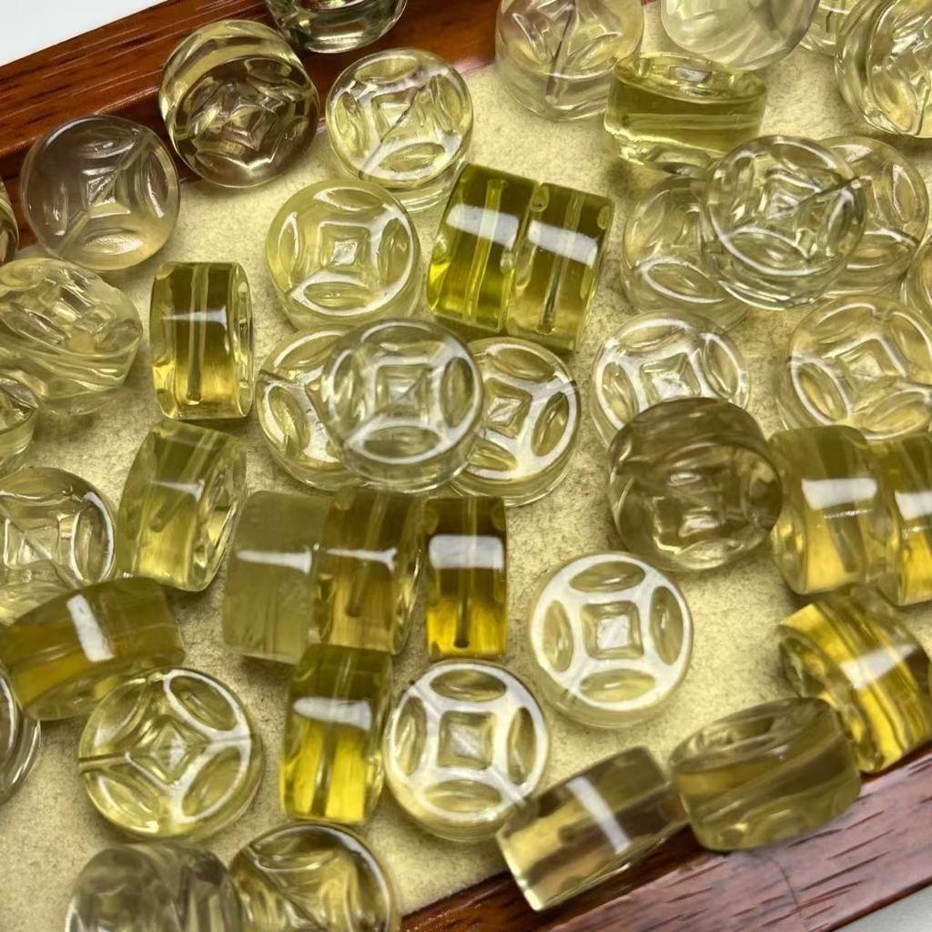 เหรียญทองแดงซิทรินธรรมชาติประมาณ 14 มม. Through Hole แกะสลักชิ้นคริสตัล Hand-Made เครื่องประดับ diy อุปกรณ์เสริม Simple All-Match ของขวัญ