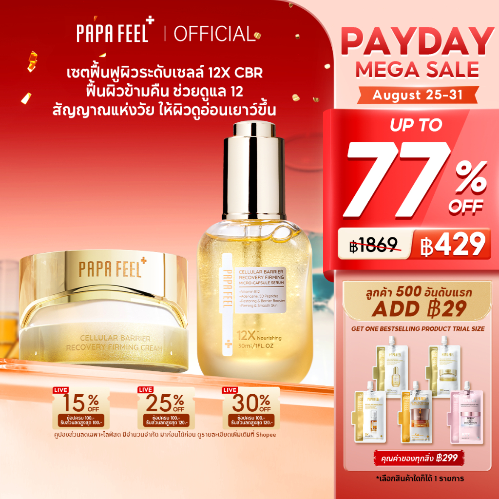 PAPA FEEL 12X CBR Cellular Barrier ซ่อมแซมผิว Essence 30ml + Repair Anti-Aging Cream 50g | ลดรอยแดง | กระชับริ้วรอยเล็กๆ