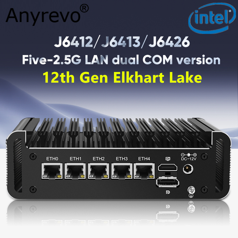 12th Gen 2.5G Soft Router Intel Celeron J6413 J6412 5x i226-V 2500M LAN 2xDB9 RS232 COM Fanless Mini
