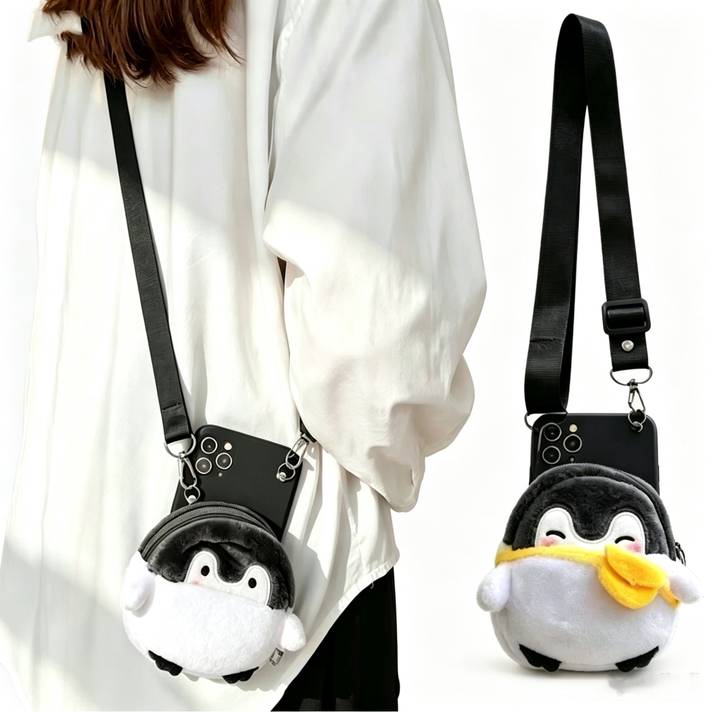 เคสโทรศัพท์ตุ๊กตาเพนกวินน่ารักพร้อมสายคล้อง Crossbody ซิปกระเป๋าสตางค์เหรียญซิลิโคนอ่อนนุ่มสำหรับ VI