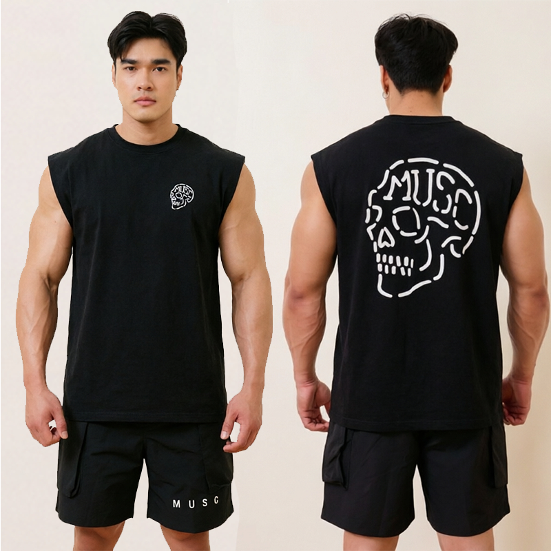 เสื้อกล้ามหัวกะโหลกฟอกๆ กล้ามเนื้อ วินเทจ กระโหลกเข้ม 2026 เสื้อแขนกุด