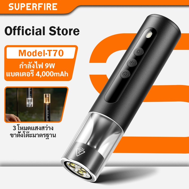 ไฟฉุกเฉินSUPERFIRE T70 700 ลูเมน ชาร์จ USB C ไฟแคมป์อเนกประสงค์ 9W ไฟฉาย LED สีขาวเหลืองวอร์ม สำหรับเต็นท์แคมป์ปิ้ง