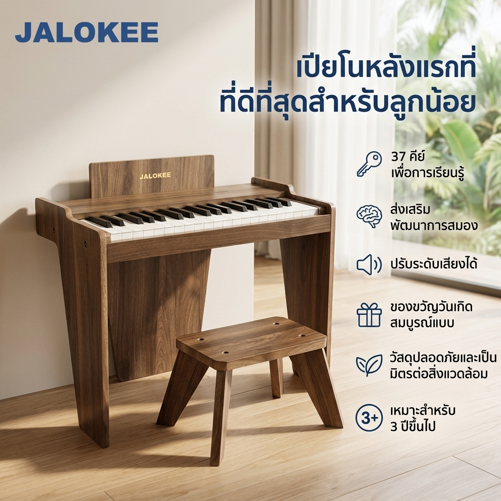 JALOKEE เปียโนเด็กไม้ 37 คีย์ พร้อมเก้าอี้ ปรับระดับเสียงได้ ของเล่นไม้เสริมพัฒนาการ ของขวัญวันเกิดเด็ก 3 ปีขึ้นไป